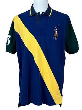 Polo by Ralph Lauren Cotton Navy Blue Yellow Diagonal Stripe Polo Shirt Size XL